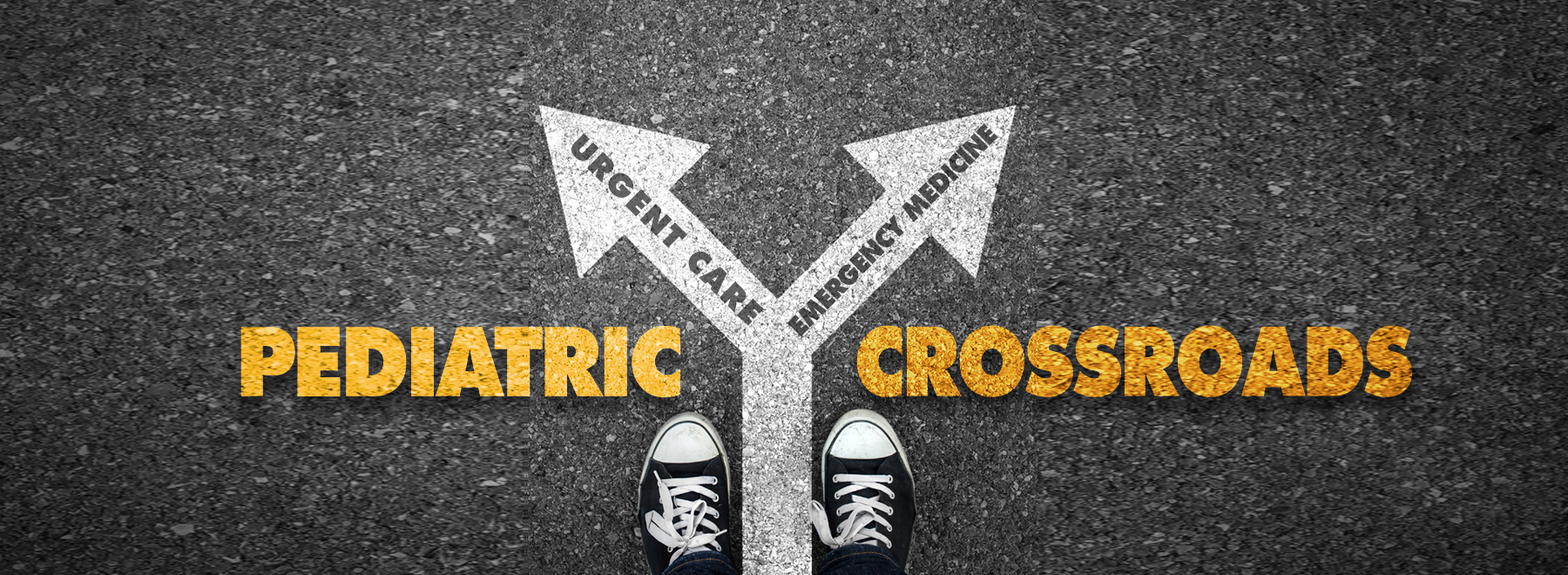 Photo illustration on two black sneakers on asphalt road with painted arrows pointing to Emergency Medicine and Urgent Care